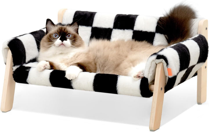 MEWOOFUN Canapea pat pentru pisici, din lemn, 56 x 45 cm, canapea robustă pentru pisici de dimensiuni mari - Scaun modern pentru pisici cu husă detașabilă, capacitate de încărcare 10 kg (alb, 56 x 45 cm)
