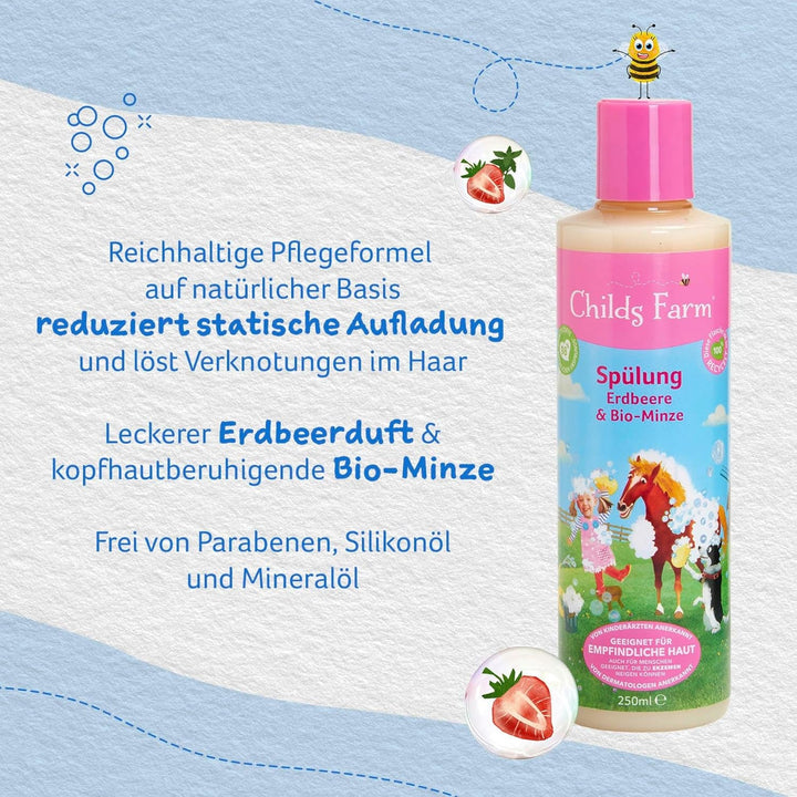 Balsam Childs Farm pentru copii 250 ml | Căpșuni și mentă organică | Toate tipurile de păr | Hrănește și hrănește | Potrivit pentru pielea uscată, sensibilă și predispusă la neurodermatită