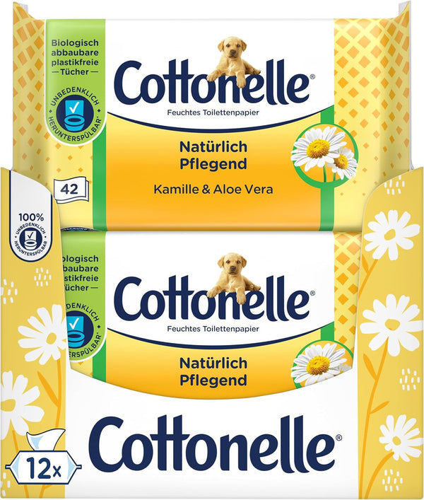 Șervețele umede, Îngrijire naturală - Mușețel și Aloe Vera, Biodegradabilă, Fără plastic, Reclosabilă, Pachet avantajos, 12 X 42 șervețele umede