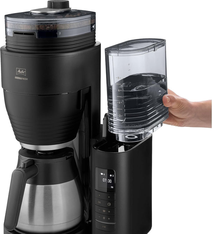 Melitta Aromafresh Therm Pro X - Espressor cu râșniță, espressor cu filtru și vas termic și rezervor de apă detașabil, pentru până la 8 cești de cafea, negru