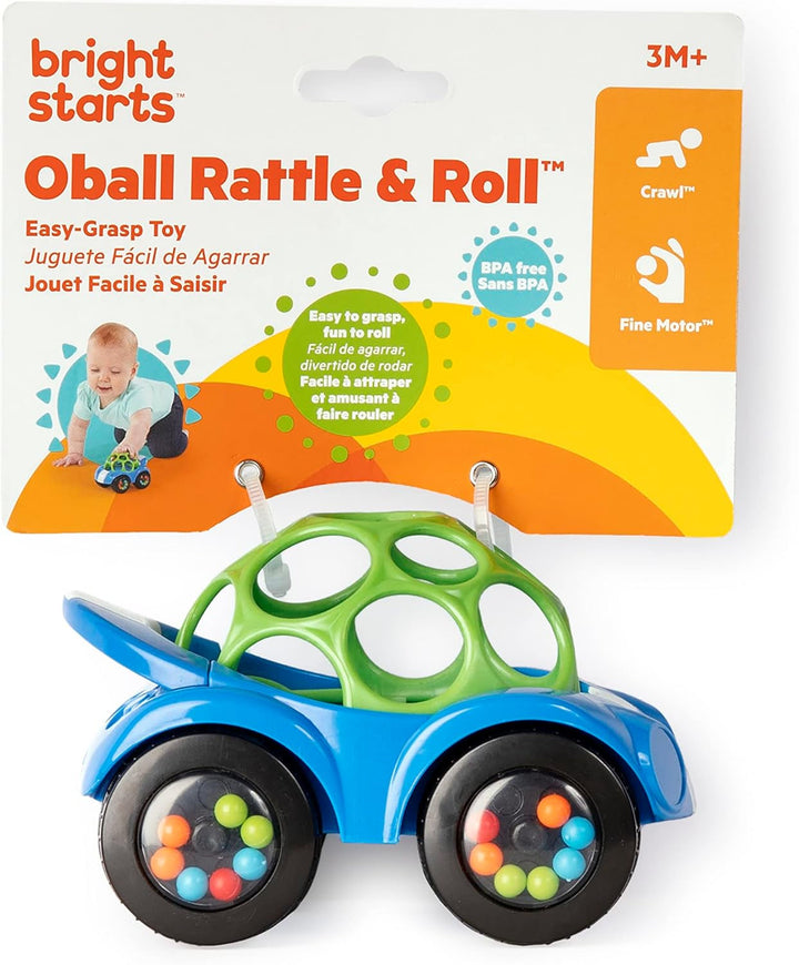 Bright Starts, Oball, mașină de jucărie cu zornăitor, jucărie cu activitate motorie pentru bebeluși și copii mici de la 3 luni, 1 bucată, culoare aleatorie albastru sau roșu Jucarii Bebe Naty Shop