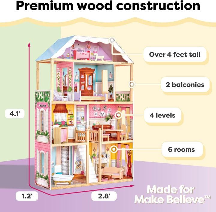 Casă de păpuși din lemn Kidkraft Charlotte cu mobilier și accesorii, casă de păpuși în stil clasic pentru păpuși de 30 cm, jucărie pentru copii de la 3 ani, 65956