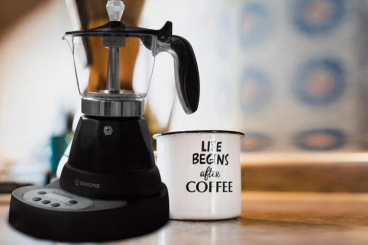 Cafetieră electrică italiană cu 3 căni, cafetieră electrică programabilă Mocha cu temporizator, oprire automată, cafea fierbinte timp de 30 de minute, aluminiu negru (cu temporizator)