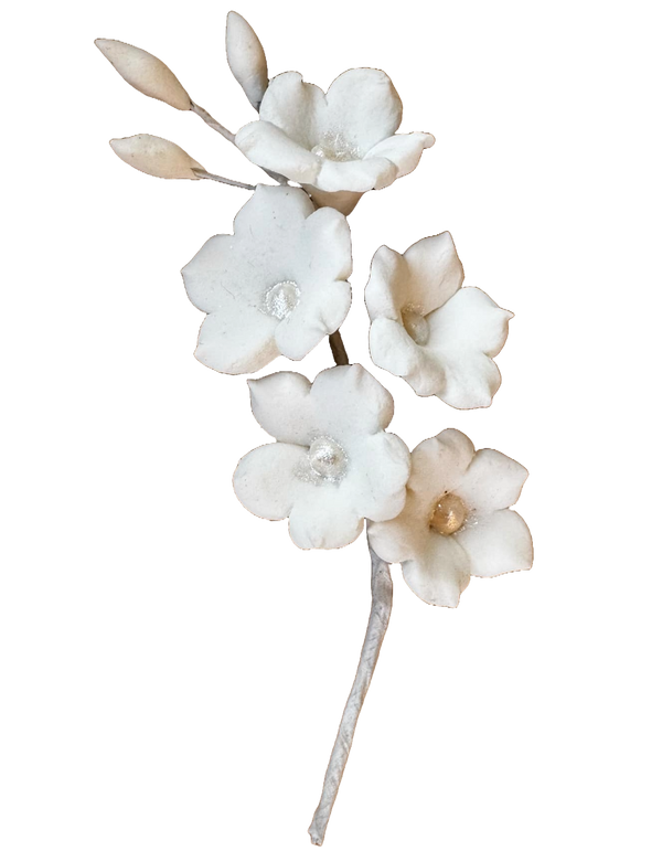 Decorazione commestibile di pasta di zucchero, ramo di fiori bianchi