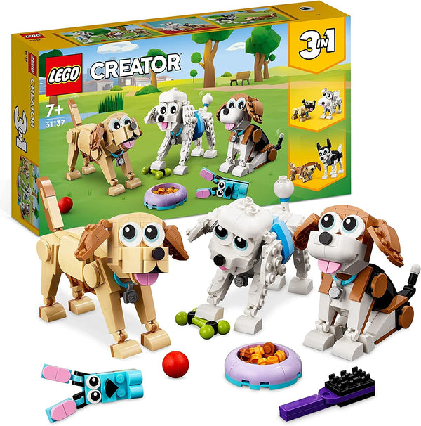LEGO 31137 Creator 3In1 Set de câini drăguți cu figuri de animale Teckel, Pug, Poodle și multe altele, jucărie pentru copii 7+, cadou pentru iubitorii de câini