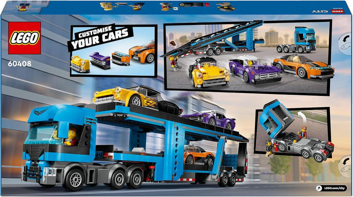 LEGO City Car Transporter cu mașină sport, set de 4 mașini de jucărie pentru băieți și fete de la 7 ani, cadou de Crăciun sau aniversare, 4 minifigurine pentru jocuri de rol 60408