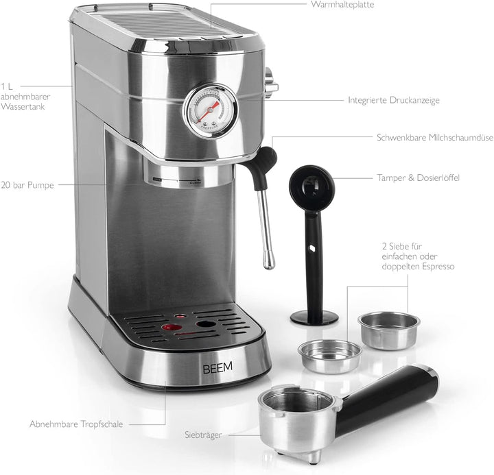 Beem Espresso Ultimate portafilter mașină din oțel inoxidabil în culoarea argint 20 bar, dimensiuni: 31.2Cm X 13.9Cm X 30.4Cm, 02032