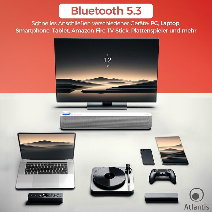 Atlantis Soundbar PC 20W, Pc-Lautsprecher, Klinke 3.5Mm + Bluetooth 5.3 Für Smartphone, Firetv, Plattenspieler, Batt. 2400Mha, FM Radio, Pc-Lautsprecher, Tragbar, TV, Smartp 420X60X74 Mm P003-C0820-B