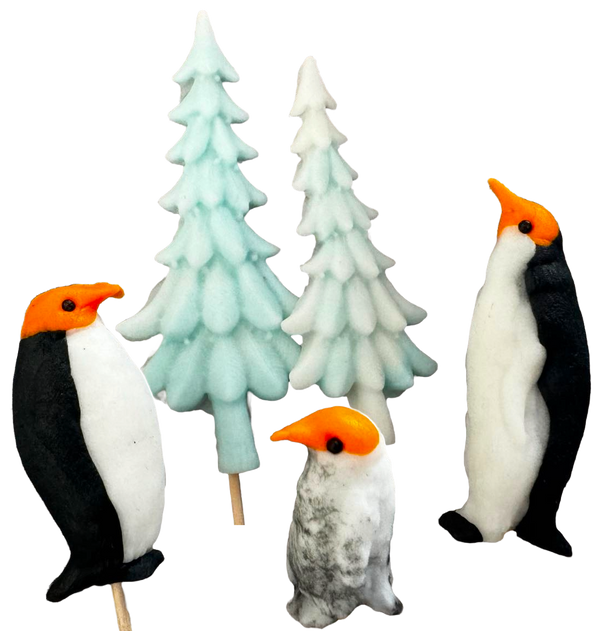 Set di 5 decorazioni commestibili da zucchero, Natale, pinguini e FIR