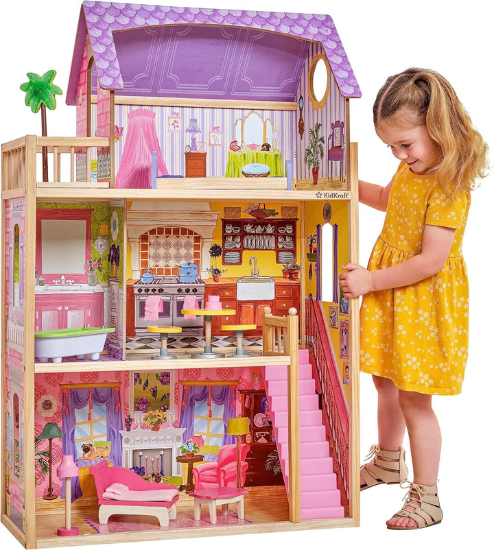 Casa de păpuși din lemn Kidkraft Kayla cu mobilier și accesorii, set de joacă cu 3 niveluri de joc pentru păpuși de 30 cm, jucărie pentru copii de la 3 ani, 65092 - Exclusiv pe Amazon Casute de papusi Naty Shop Titlu implicit