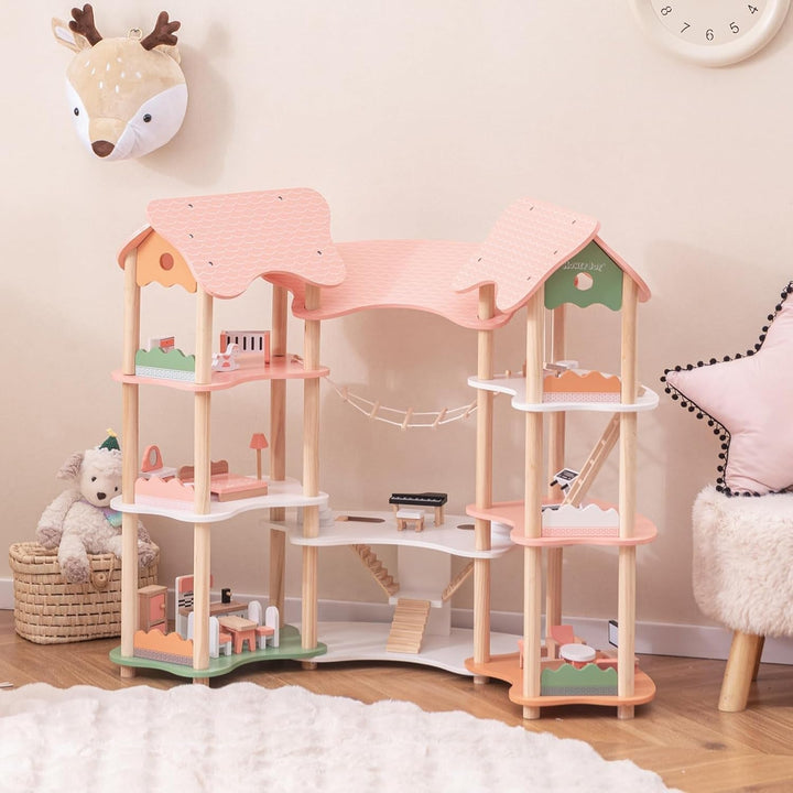 Casă de păpuși din lemn FANTASK, casă de păpuși de 85 cm înălțime 7 camere cu 32 de mobilier și accesorii, vilă de păpuși cu scară de frânghie, cadou de casă de păpuși pentru fete de la 3 ani (Model 3)