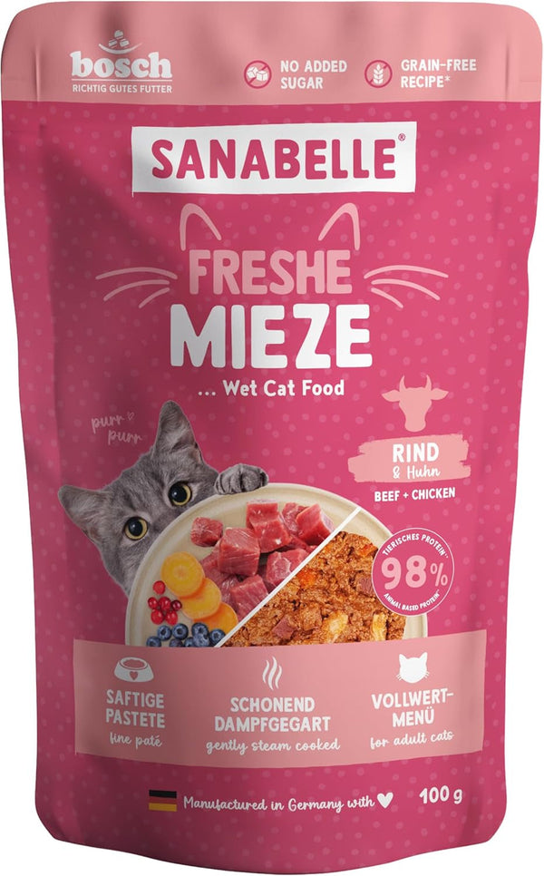 Sanabelle Freshe Mieze - Carne de vită și pui | Pungi de 100 g complet reciclabile | Hrană umedă gătită cu aburi pentru pisici | Hrană pentru pisici ca proaspăt gătită | O marcă Bosch Pet Food