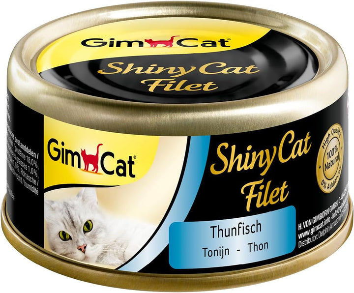 Gimcat Shinycat Fillet Tuna With Salmon - Hrană pentru pisici cu file suculent fără zahăr adăugat pentru pisici adulte - 24 cutii (24 X 70 G)