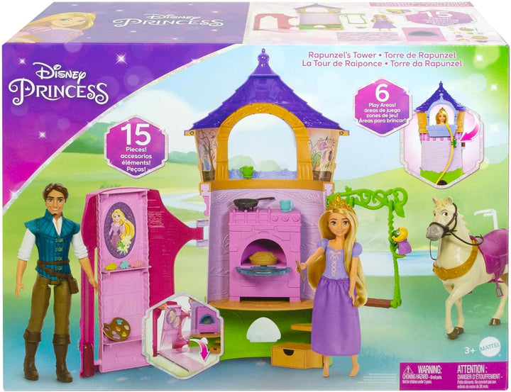 Disney Princess HMV99 - Păpușă Rapunzel mobilă și turn de joacă cu distracție pe tot parcursul, 6 zone de joacă și 15 accesorii, inspirat de filmul Disney, jucării pentru păpuși de la 3 ani