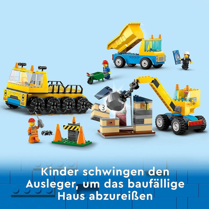 LEGO 60391 Vehicule de construcții urbane și macara cu minge de distrugere, jucărie cu excavator, autobasculantă și vehicule de transport, jucărie educativă pentru copii de 4 ani și peste