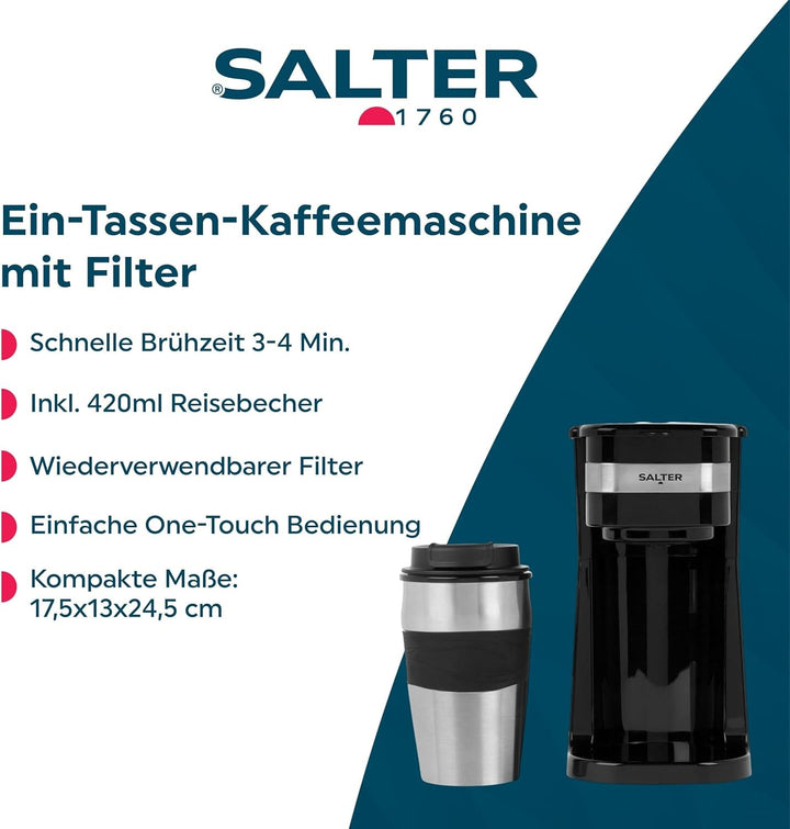 Cafetieră Salter pentru o singură ceașcă – Cafetieră cu filtru, filtru lavabil și reutilizabil, include o cană de călătorie din oțel inoxidabil de 420 ml. Prepară cafea în 3-4 minute, potrivită pentru cafea măcinată/capsule