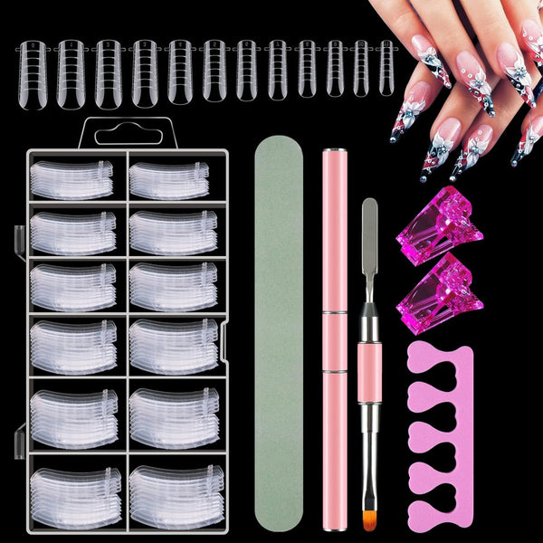Set de 120 de forme duble pentru unghii, șabloane pentru extensii de unghii cu pensulă roz cu două capete, clemă pentru vârful unghiilor, separator de degete din burete și pilă de unghii pentru unghii Polygel