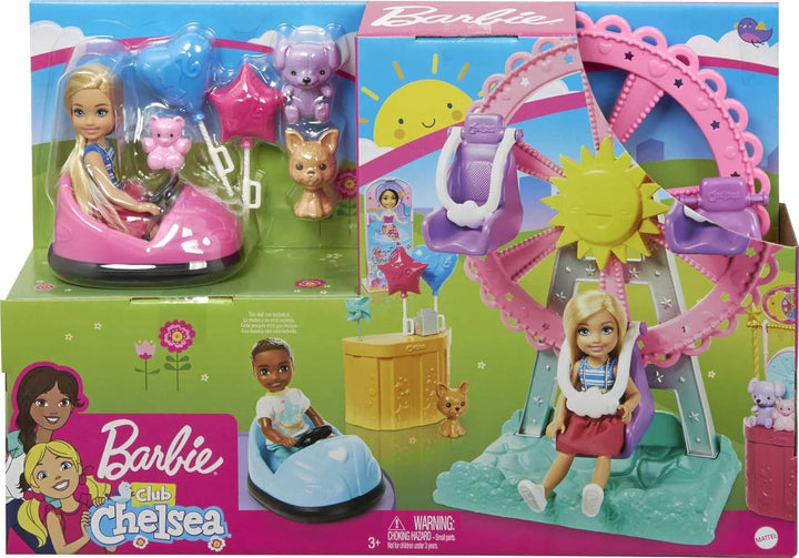 Barbie GHV82 - Chelsea Fairground Playset Cu Păpușă, Aprox. 15 Cm, Blondă, Cu Modă Și Accesorii, Cu Roată Ferris, Mașini Bumper, Pui Și Mai Mult, Jucărie Cadou Pentru Copii De La 3 La 7 Ani