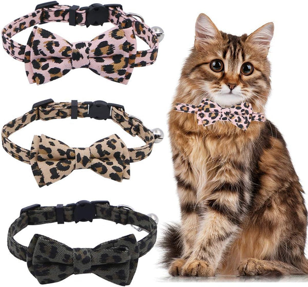 Zgărzi pentru pisici, pachet de 3, imprimeu leopard, reglabile, cu clopoțel, 20-23 cm, pentru pisici de talie mică, modele drăguțe, cataramă în formă de față de pisică