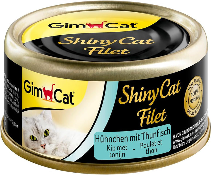 Gimcat Shinycat Fillet Tuna With Salmon - Hrană pentru pisici cu file suculent fără zahăr adăugat pentru pisici adulte - 24 cutii (24 X 70 G)
