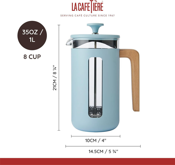 Cafetieră La Cafetière Pisa pentru 8 căni, albastru deschis, piston durabil din oțel inoxidabil, presă franceză rezistentă la căldură cu mâner elegant din lemn natural, versatilă pentru cafea și ceai, 1 l