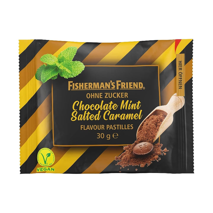 Fisherman's Friend Chocolate Mint Salted Caramel, pastile cu aromă de ciocolată, mentă și caramel sare, bomboane fără zahăr și vegane, 20 x 30g