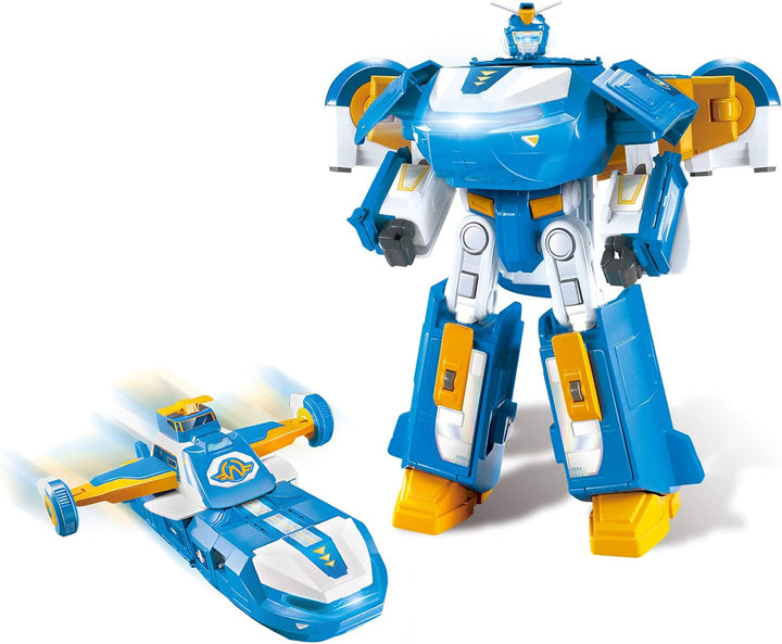 Super Wings 2-In-1 Mini World Aircraft Transforming Robot cu efecte luminoase și sonore, jucărie transformabilă pentru fete și băieți de la 3 ani, albastru