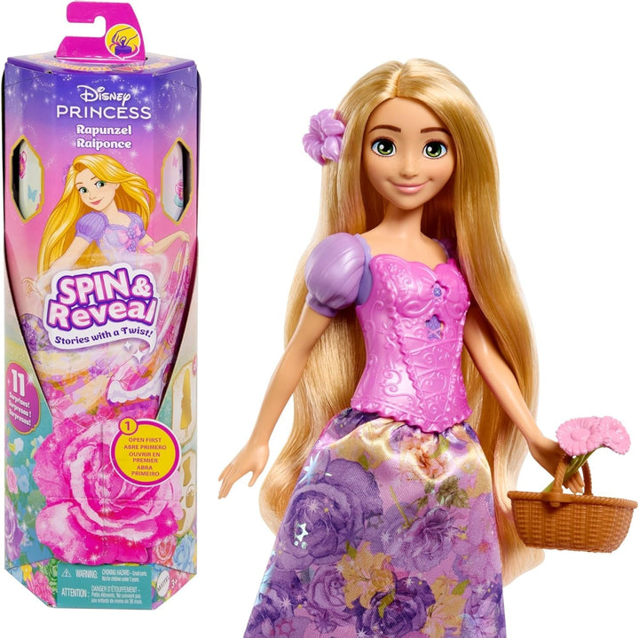 Mattel Disney The Ice Queen Elsa Fashion Doll Set, Spin & Reveal cu 11 surprize, inclusiv 5 accesorii, 5 autocolante și o scenă pentru joacă, inspirat de filmul Disney, HTG25