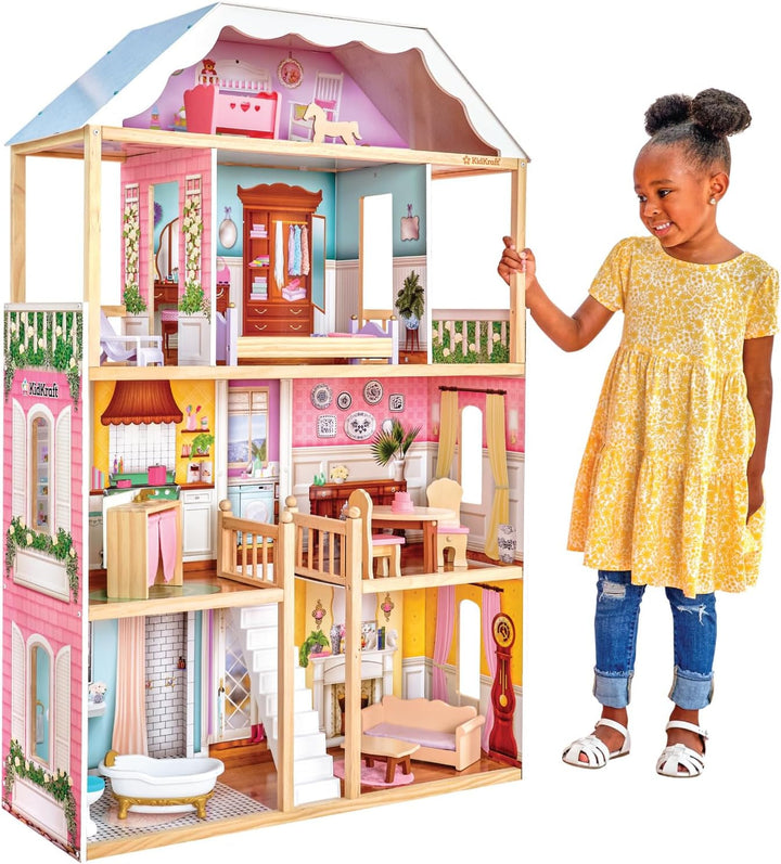 Casă de păpuși din lemn Kidkraft Charlotte cu mobilier și accesorii, casă de păpuși în stil clasic pentru păpuși de 30 cm, jucărie pentru copii de la 3 ani, 65956