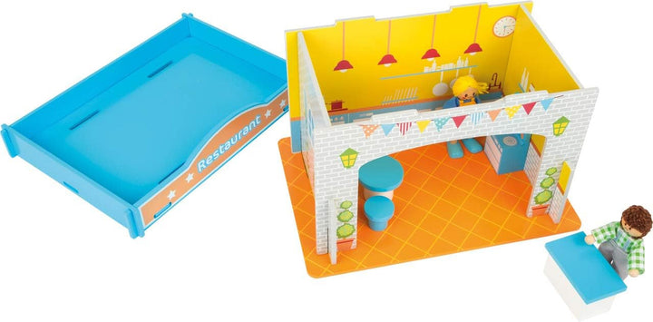 Small Foot 10852 Playhouse Restaurant Fabricat din lemn, Cu 2 figurine pentru păpuși, accesorii și acoperiș detașabil, De la 3 ani