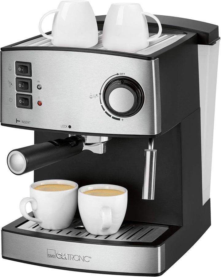 Espressor Clatronic® | Espressor mic de cafea | Presiune pompă 15 bari | Rezervor de apă transparent de 1,6 litri (detașabil) | 2 duze din oțel inoxidabil cu funcții de spumare și apă caldă | 850 wați | ES 3643