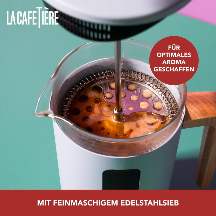 Cafetieră La Cafetière Pisa pentru 8 căni, albastru deschis, piston durabil din oțel inoxidabil, presă franceză rezistentă la căldură cu mâner elegant din lemn natural, versatilă pentru cafea și ceai, 1 l