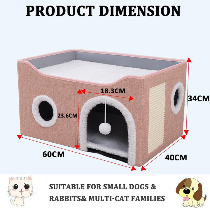 Peșteră pentru pisici, paturi pentru pisici, căsuță pentru pisici, peșteră pliabilă pentru pat de pisică cu scărpinat și minge de joacă, peșteră pliabilă pentru pat de pisică pentru dormit, ascundere, joacă și zgâriat (roz, mediu)