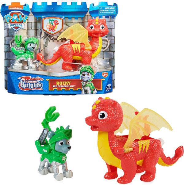 PAW PATROL, Rescue Knights Rocky și Dragon Flame set de figurine de acțiune, jucărie potrivită pentru copii cu vârsta de peste 3 ani