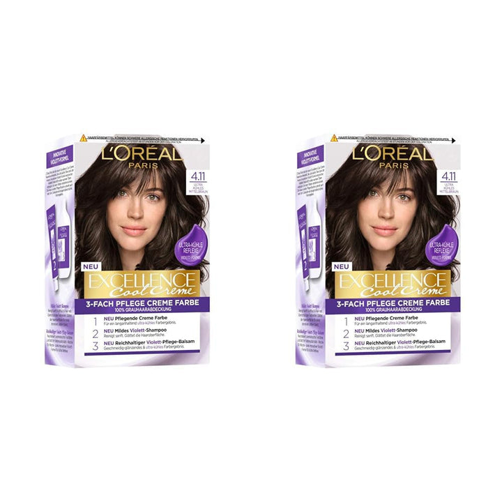 L'Oréal Paris Vopsea de păr permanentă cu rezultat de culoare, acoperire 100% a părului gri, set cu colorare, șampon și cremă de îngrijire, Excellence Cool Creme, nr. 4.11 Ultra rece maro mediu (maro) Vopsea pentru par Naty Shop Titlu implicit