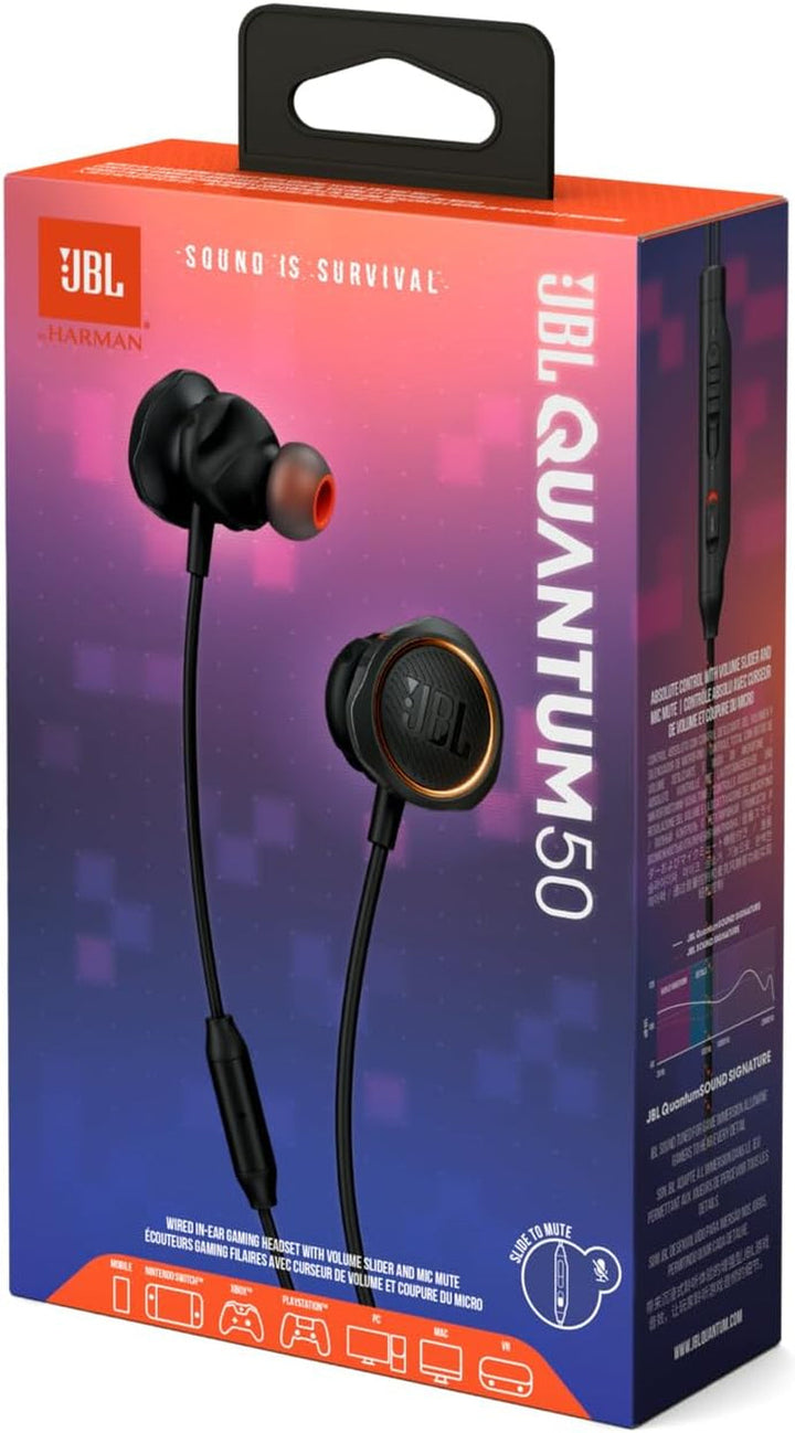 JBL Quantum 50 In-Ear Gaming Headphones - Negru - Pentru PC și consolă - Cască cu microfon și funcție Mute - Compatibilă cu toate platformele
