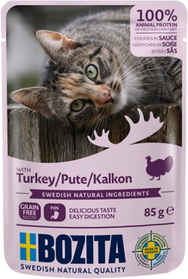Bozita Pouch Mărunțișuri de hrană umedă în sos cu curcan - 12X85G Portion Pouch Hrană fără cereale și fără grâu pentru pisici - Hrană umedă pentru pisici adulte cu un conținut de 8,5% proteine și 4,5% grăsimi