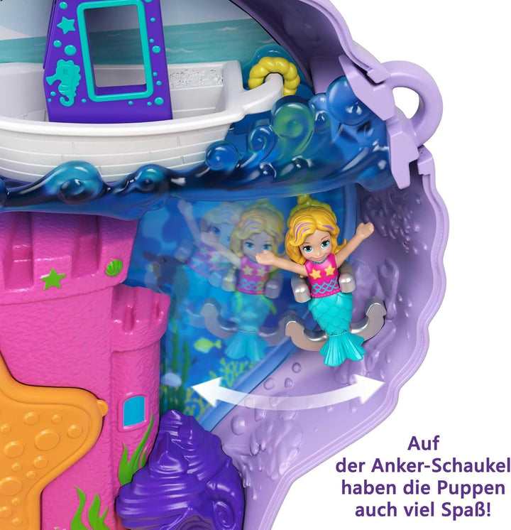 Sicriu Polly Pocket, sac de cochilie pentru înfășurat în jurul temei subacvatice, cu 2 păpuși și 1 submarin, jucărie sirenă Polly Pocket, jucărie de la 4 ani, GNH11