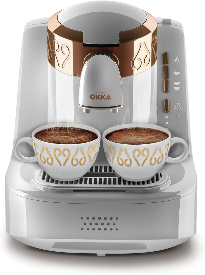 Espressor turcesc Arzum Okka, complet automat, 3 dimensiuni de cești, funcție de autocurățare, rezervor de apă de 950 ml, senzor de supraprotecție, design compact, negru-auriu