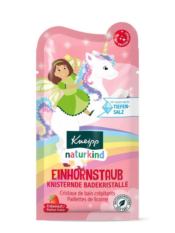 Kneipp Naturkind Crackling Bath Crystals Unicorn Dust, sare de baie, coloreaza apa in roz, aroma de capsuni, 60 grame