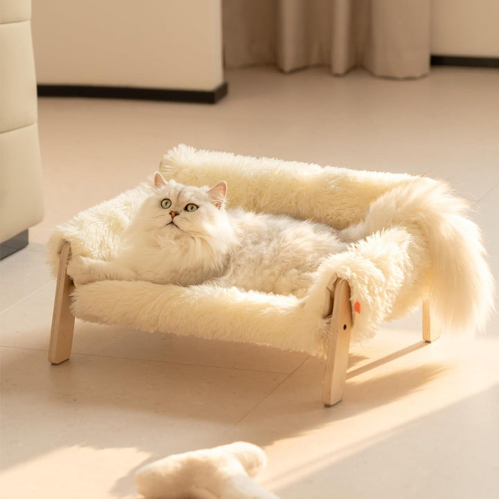 MEWOOFUN Canapea pat pentru pisici, din lemn, 56 x 45 cm, canapea robustă pentru pisici de dimensiuni mari - Scaun modern pentru pisici cu husă detașabilă, capacitate de încărcare 10 kg (alb, 56 x 45 cm)