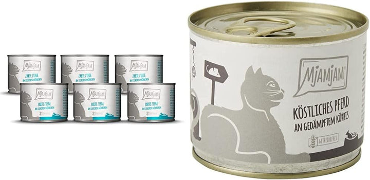 Mjamjam - Hrană umedă premium pentru pisici - Curcan bun cu dovleac aburit, pachet de 6 (6 X 800 G) & Hrană umedă premium pentru pisici - Rață și pasăre fragedă cu morcovi delicioși, pachet de 6 (6 X 800 G)