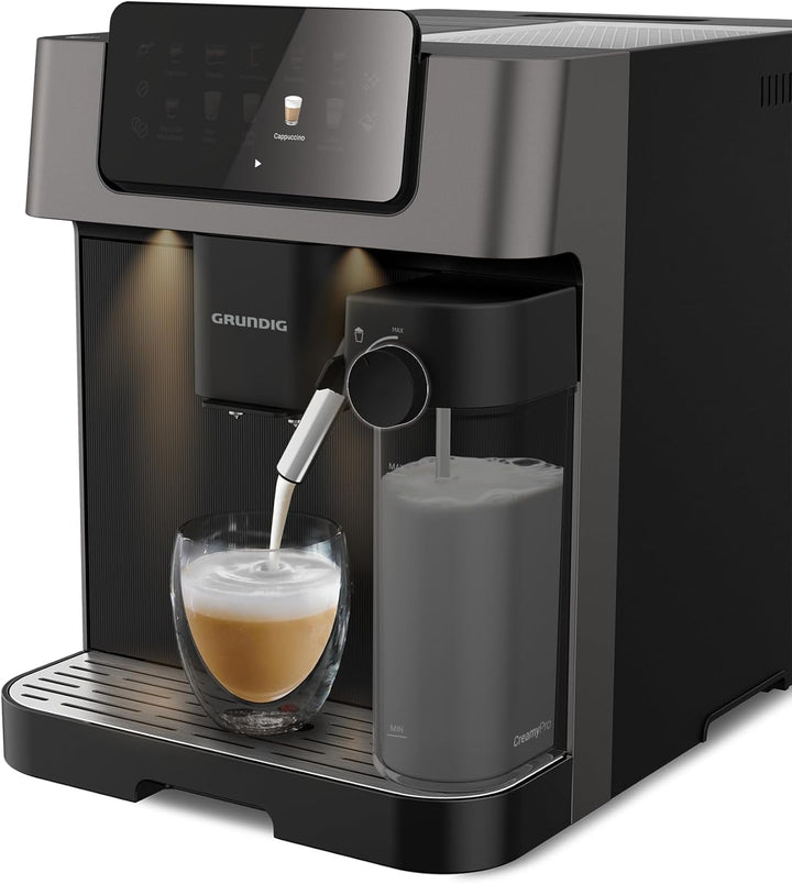 Espressor GRUNDIG KVA 6230 complet automat cu spumator de lapte, râșniță din oțel inoxidabil cu 13 niveluri de măcinare, recipient boabe de 250 g, rezervor de apă detașabil de 2 litri, presiune pompă 19 bar, ecran tactil, negru