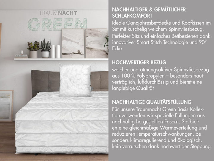 Set de pat de bază Traumnacht Green format dintr-o plapumă pentru tot anul, 135 X 200 cm + pernă 80 X 80 cm, certificat Oeko-Tex, produs în conformitate cu standardul de calitate german Plapumi si pilote Naty Shop