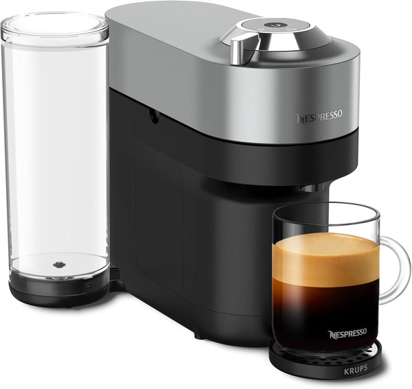 Espressor cu capsule Nespresso Krups Vertuo Pop plus, capacitate rezervor de apă de 1,1 l, design ultracompact cu o înălțime de doar 26,5 cm, sistem cu o singură atingere, 4 dimensiuni de cești, titan, XN930T