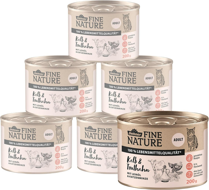 Hrană pentru pisici Dehner Fine Nature, hrană umedă fără cereale, pentru pisici adulte, curcan, cutie 6 X 200 G (1,2 kg)