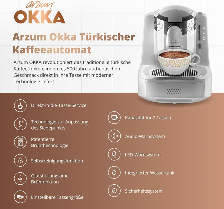 Espressor turcesc Arzum Okka, compact, senzor de protecție la preaplin, ușor de curățat, performanță eficientă din punct de vedere energetic, perfect pentru iubitorii de cafea tradițională, 2 espressoare.