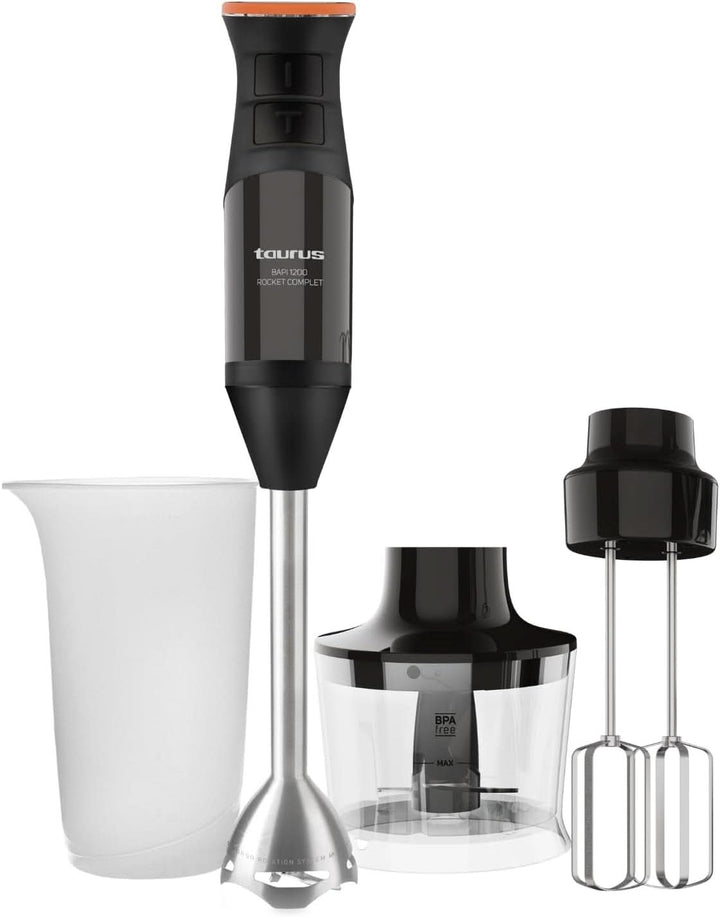 Taurus Stabmixer 1000W | 20 Geschwindigkeitsstufen | Turbo-Funktion | 4 Edelstahlklingen | Ergonomisches Soft-Touch-Design | Spritzschutz | Zubehör | Edelstahl | Elektrisch |Kunststoff, Silber/Schwarz