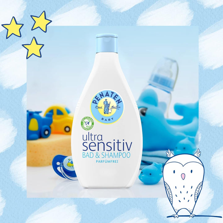 PENATEN Ultra Sensitive Bath & Shampoo (400 ml), baie și șampon pentru bebeluși deosebit de blând pentru pielea foarte sensibilă a bebelușilor predispuși la neurodermatită, gel de duș și șampon de păr fără parfum și coloranți