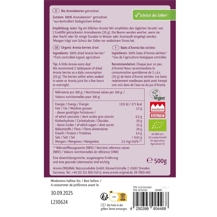Aronia ORIGINAL fructe de aronia organice uscate 500 g | fructe de padure uscate delicat | vegan, fără conservanți, fără zahăr adăugat (conform legii) Produse deshidratate Naty Shop